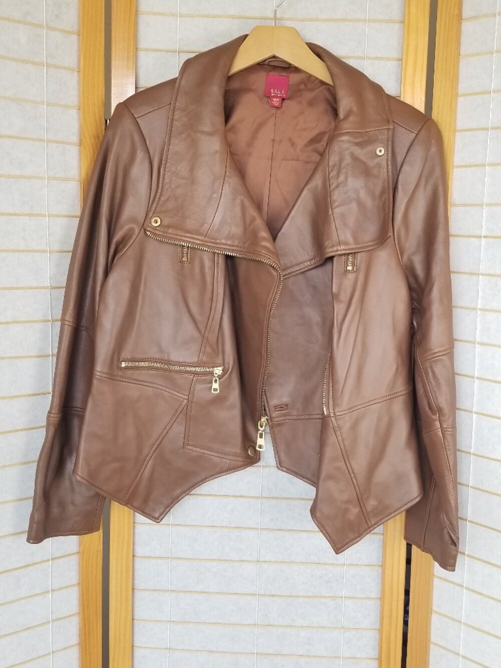 GILI Cognac Leather Moto Jacket Size 18W Full Zip Zipper Pockets